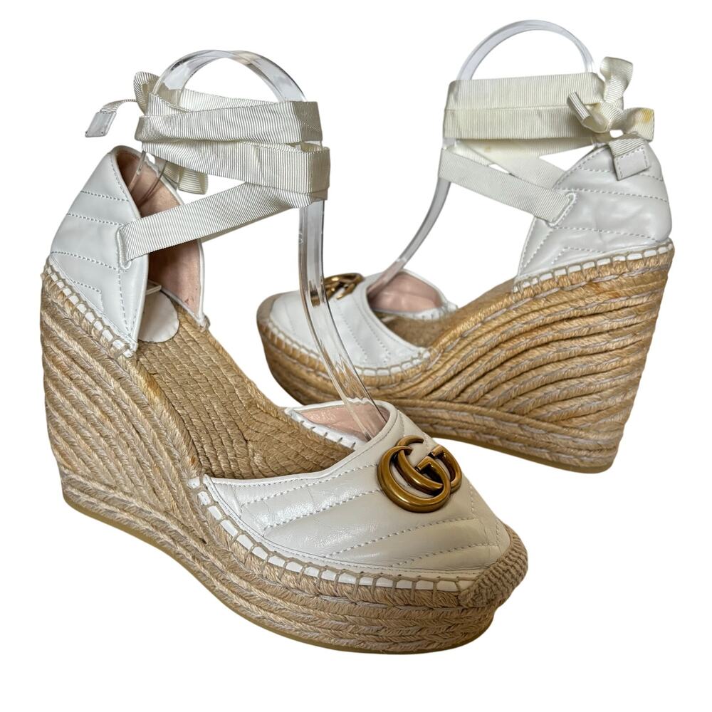 Gucci GG Espadrille Wedge Sandals Ankle Wrap Quilted Matelasse Leather Size 39.5